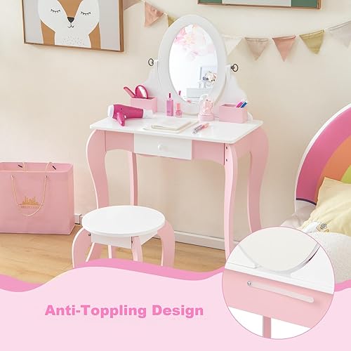 Miniatura 7 de INFANS Tocador para niños con espejo giratorio de 360° y tablero de dibujo, tocador de maquillaje de princesa 2 en 1 y taburete con accesorios,