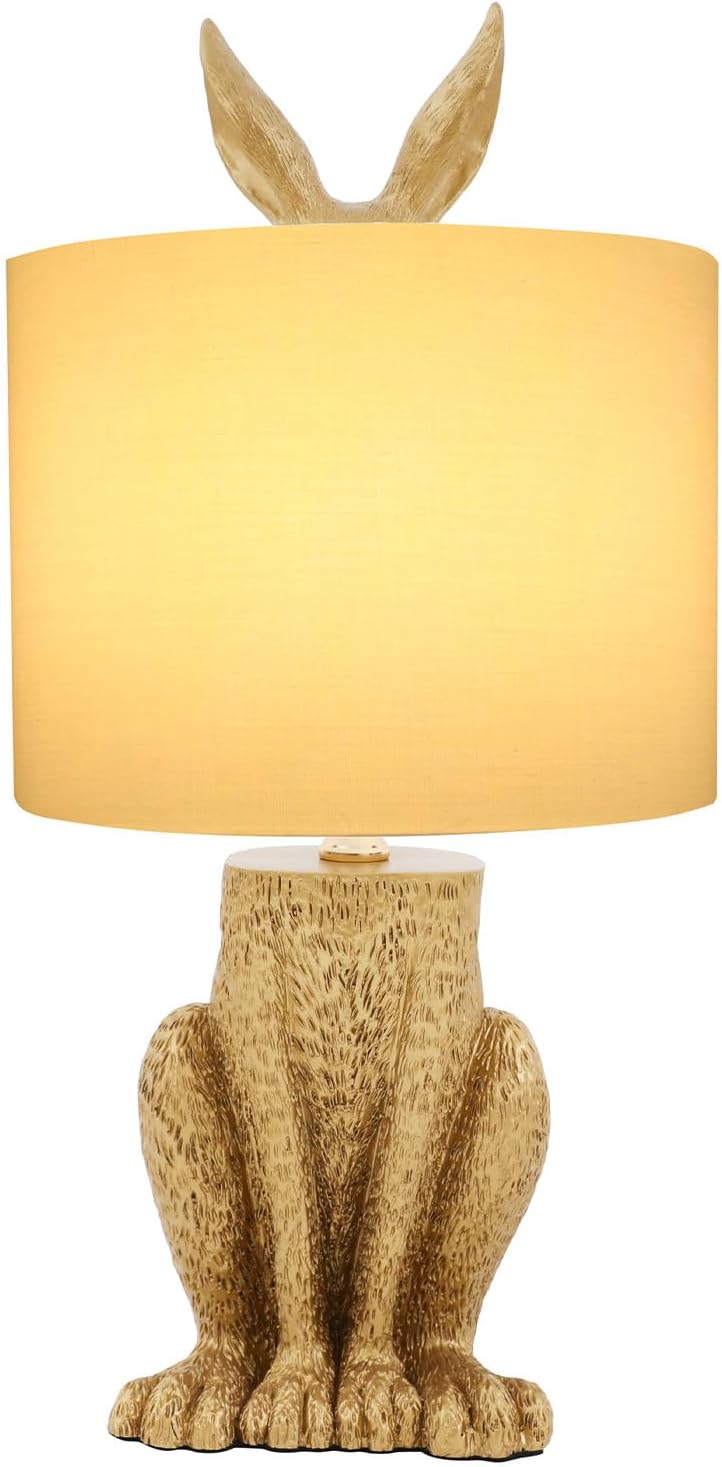 Rabbit Table Lamp, 60W Creative Cute Bunny Desk Light with Lamp Shade, Decoration LED Nightlight, Resin Gold Rabbit Table Lamps with Push Button Switch for Studies, Living Rooms