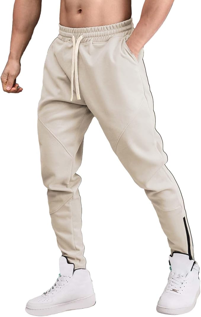 Amazon.com: Mens Heavyweight Fleece Tapered Jogger Sweatpants with Zipper  Ankle Casual Slim Fit Gym Sport Running Workout Athletic Pants Beige :  Clothing, Shoes \u0026 Jewelry