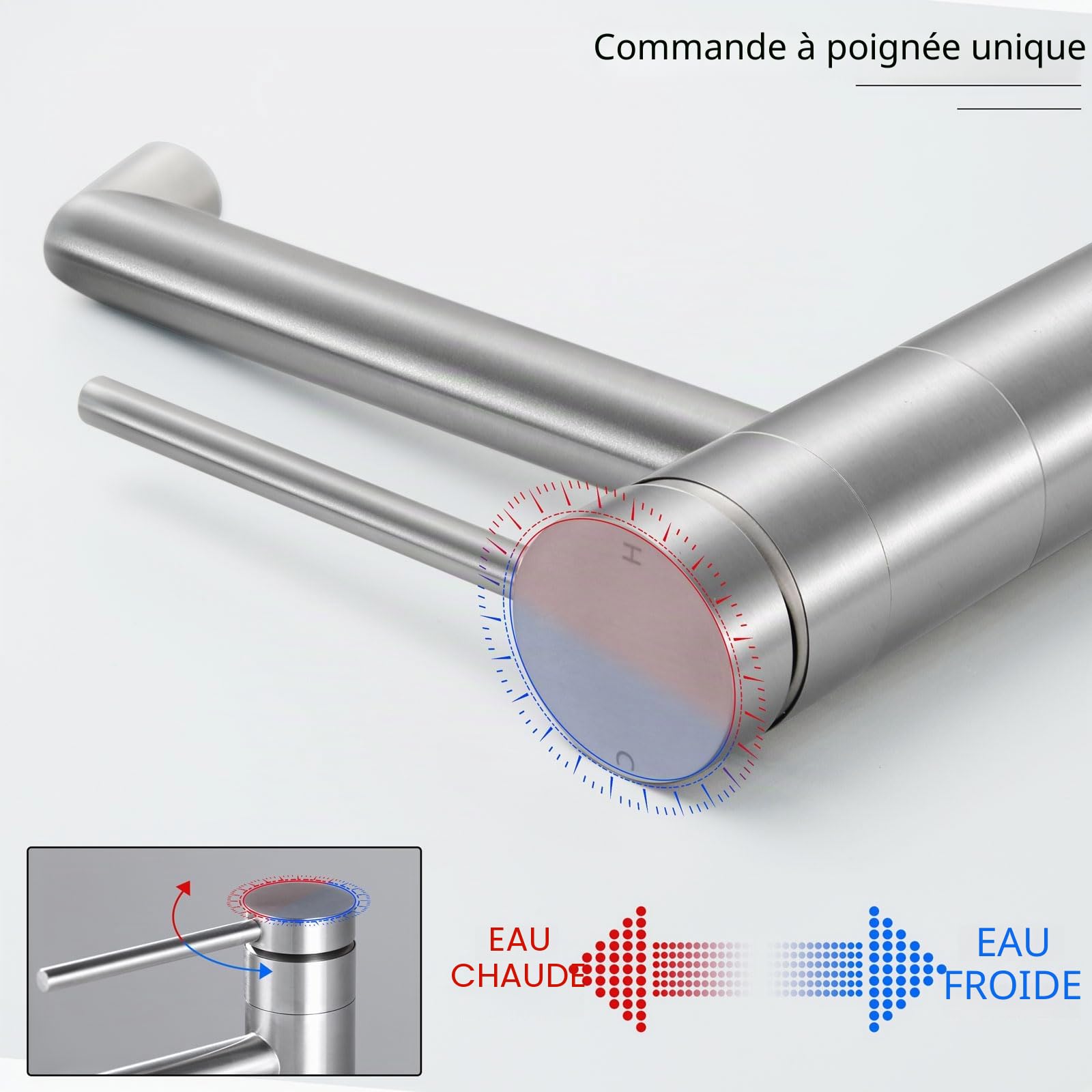 Robinet Lavabo Haut, Robinet Vasque Salle de Bain, Mitigeur Lavabo Rotatif 360°, Mitigeur pour Vasque, Brossé, 7M2OK-T