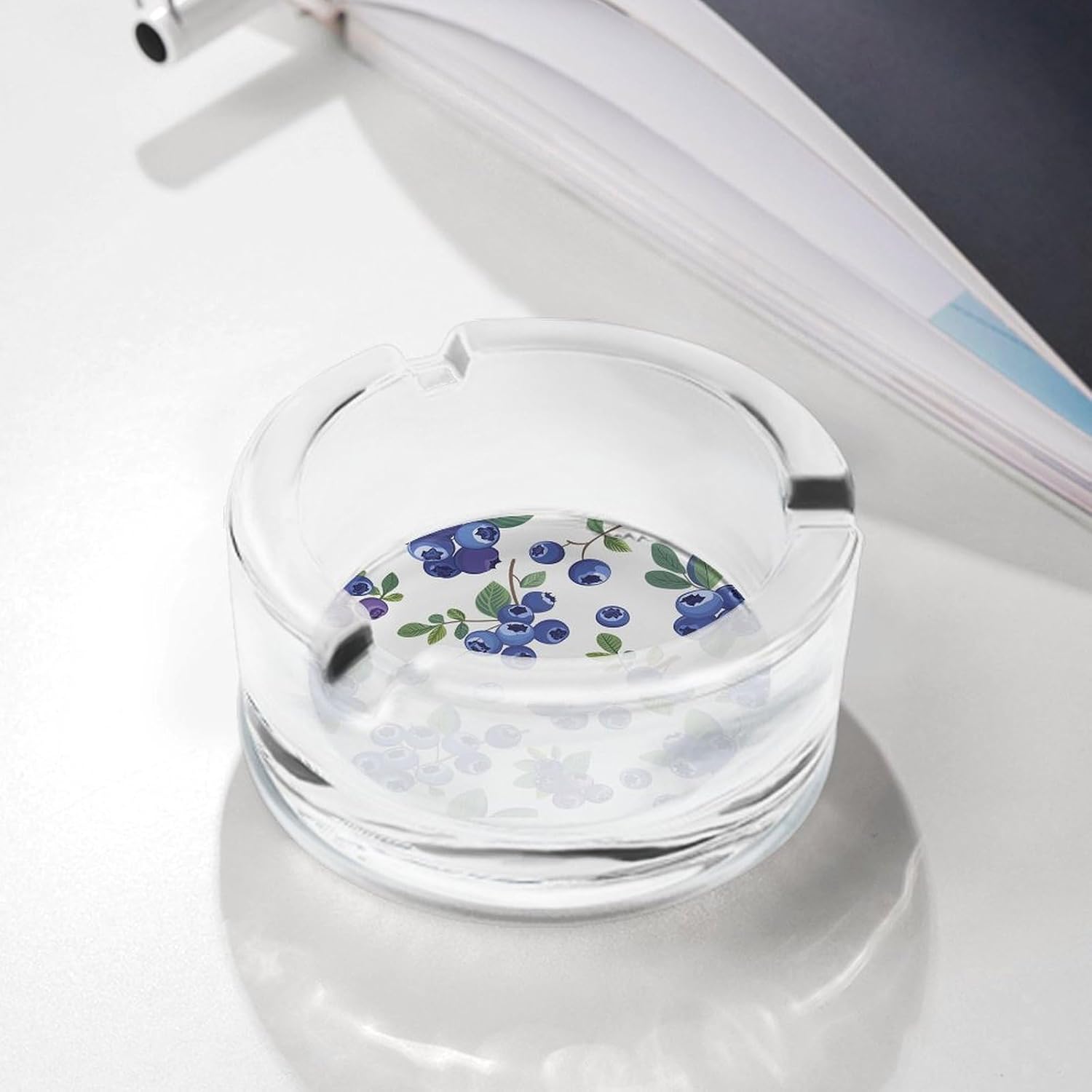 Glass Ashtray for Cigarette Blueberries with Leaves Classic Ash Tray 3.3 Inches in Diameter for Home Office Indoor Outdoor Patio