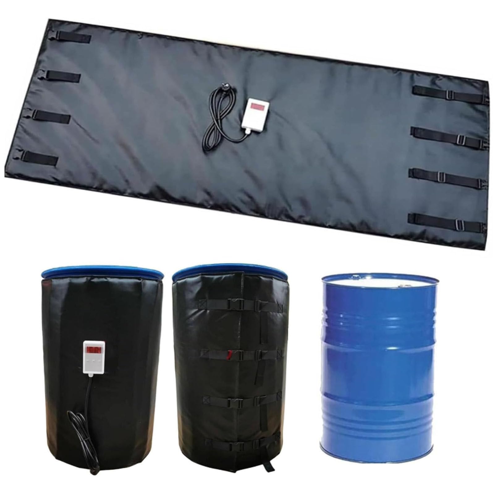 Koc grzewczy do pojemników IBC, pełne pokrycie zbiornika grzewczego, szybkie i równomierne nagrzewanie beczki z olejem, do ekstremalnie niskich temperatur, regulowany regulator Black-55Gallon/200L