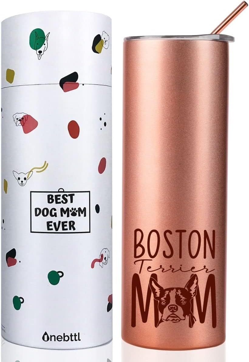 Onebttl Boston Terrier Gifts for Women, Dog Mom, Boston Terrier Mom, Stainless Steel Tumbler 20oz Rose Gold