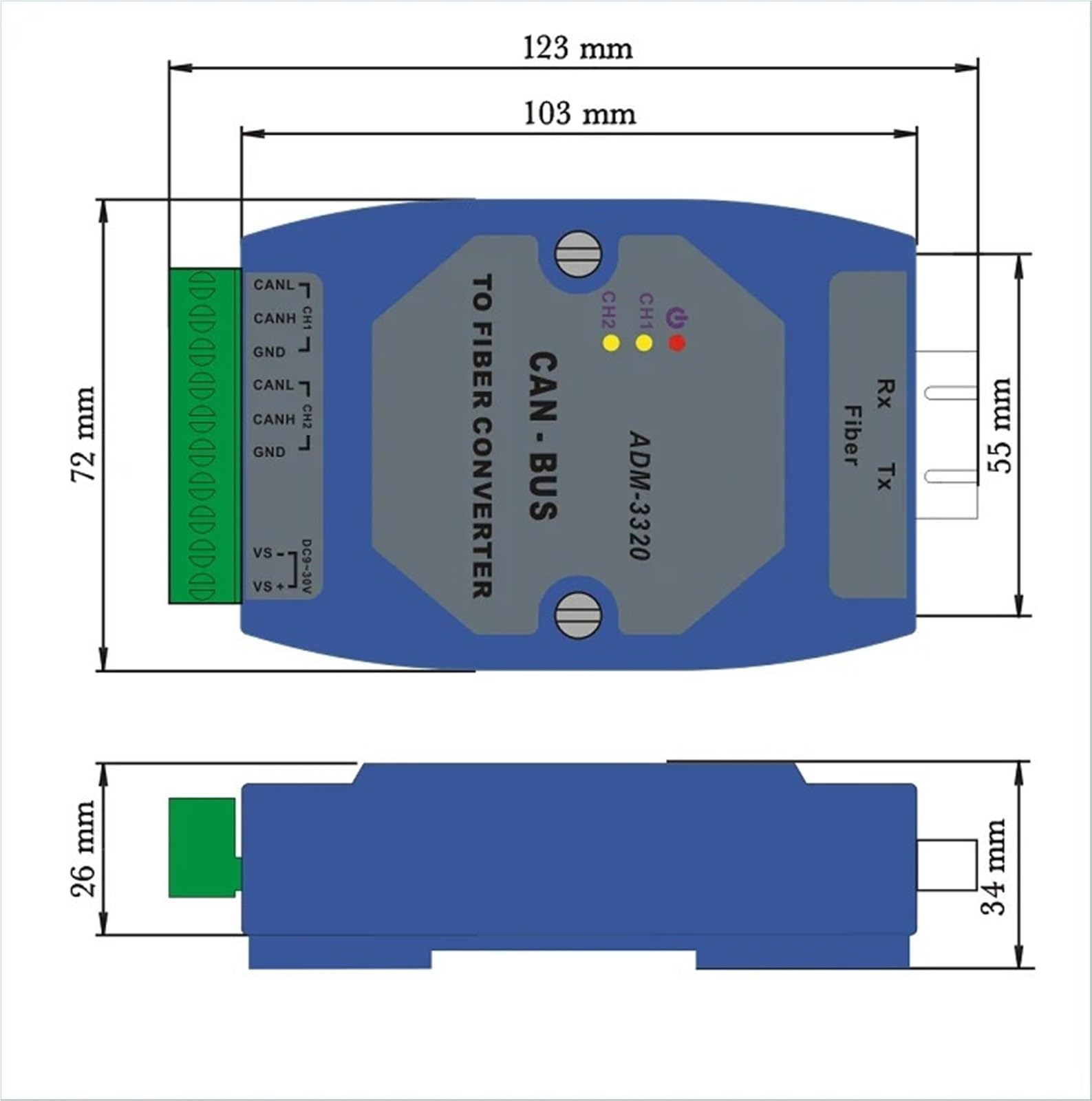 Convertitore in fibra ottica for bus CanBus ADM-3320-SC Macchina terminale ottica for bus CAN a doppia fibra SC CAN Bus in fibra ottica