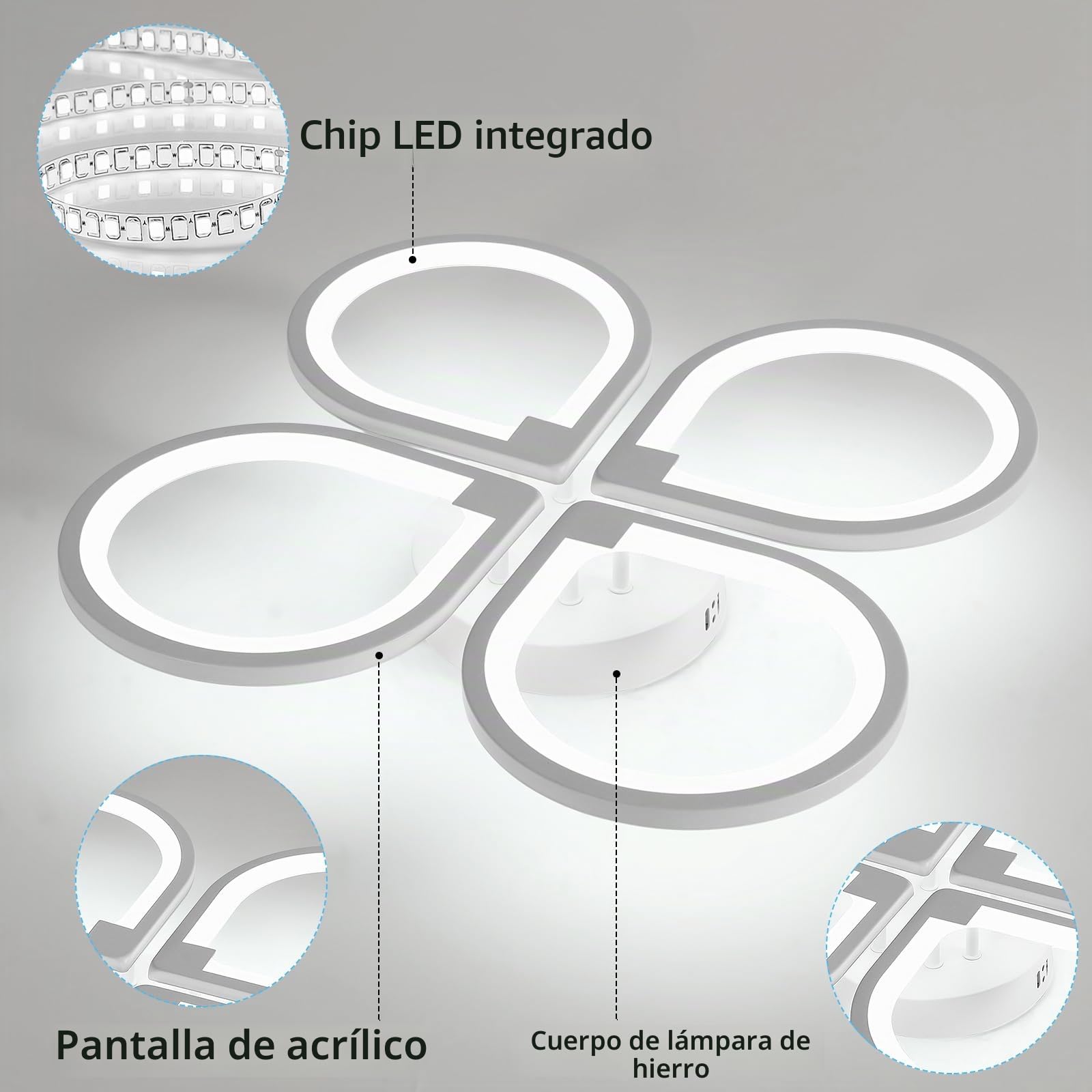 Comely Luz de techo led cuatro pétalos, lámpara de techo 40W 4500LM, luz de techo moderna creativa para sala de estar cocina baño dormitorio pasillo, blanco frío 6500K, diámetro 57cm, blanco