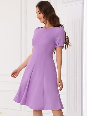 Allegra K A-Line Work Dress for Women's Square Neck Ruched Short Sleeve Dresses