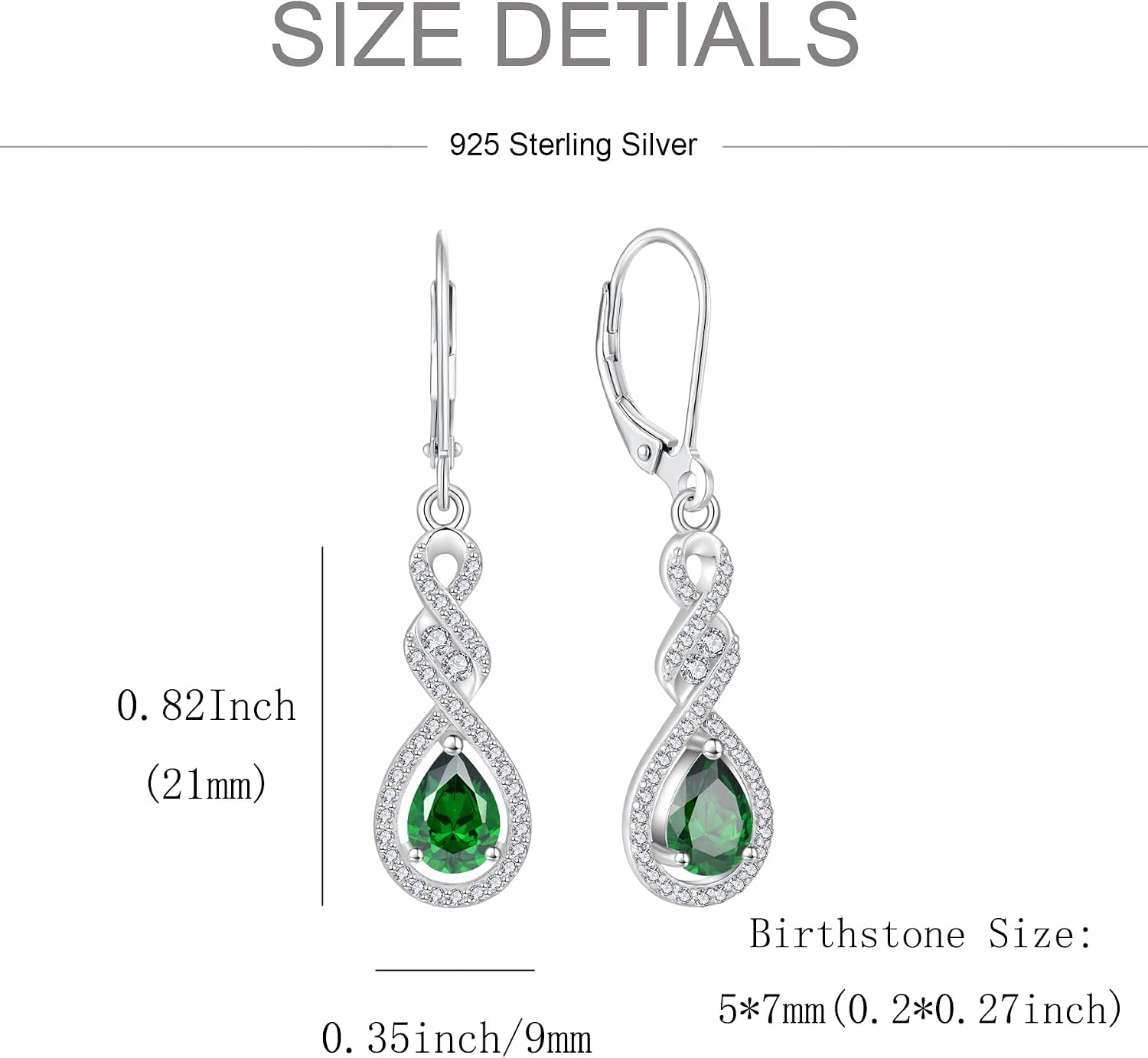 Women 925 Sterling Silver Twist Infinity Teardrop Necklace Earrings 5A Cubic Zirconia Green May Birthstone Emerald Color Jewelry Set
