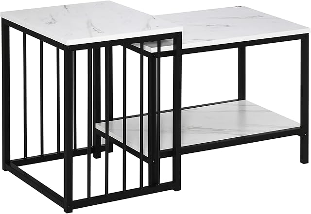 HOMCOM Modern Coffee Table Set of Two, Marble-Effect Nesting Side Tables with Steel Frame for Living Room, White and Black