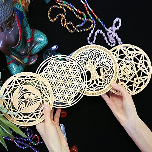 5.31" Sacred Geometry Wall Art 4 Pcs Set, (The Eye Of Horus, The Flower Of Life, The Tree Of Life, Metatron's Cube) Crystal Grid Meditation Chakra Wooden Wall Art Yoga Decor Spiritual Gifts #TOP2