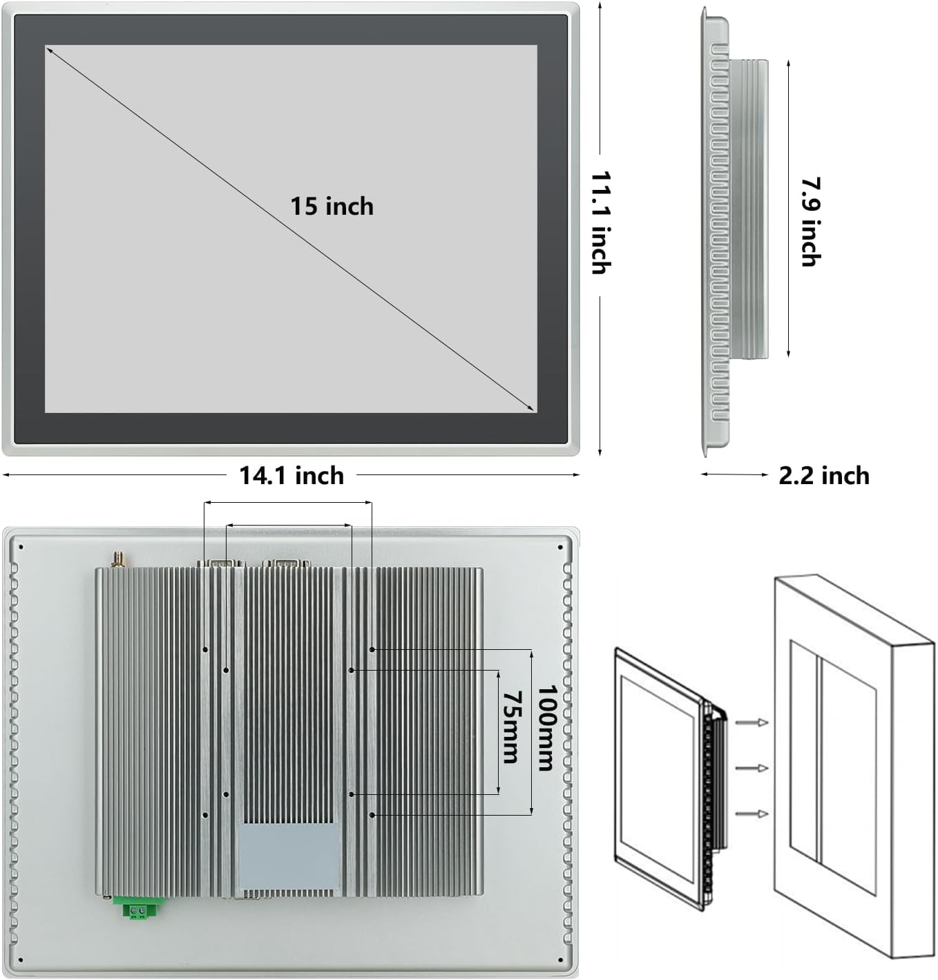 Diagram showing monitor dimensions and embedded mounting method