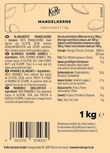 KoRo - Mandelkerne Blanchiert 1 kg - Mandeln geschält ohne Zusätze im Vorteilspack