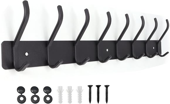 Black Metal Coat Rack Wall Coat Rack with 8 Double Hooks 48 cm Hook Rack for Wall Mounting Coat Hooks and Coat Hooks for Hallway Bathroom Kitchen and Bedroom