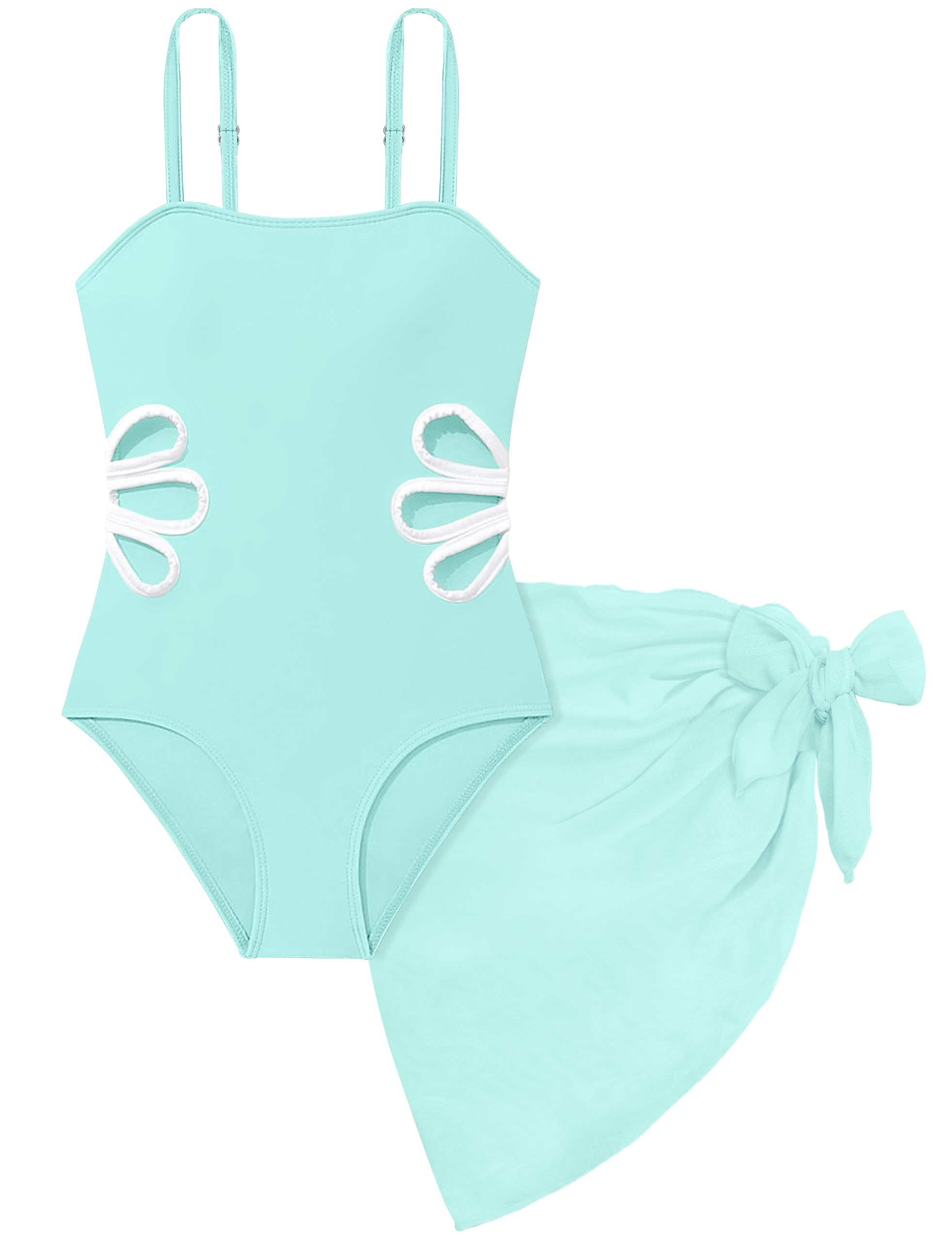 Girls Swimsuit Adjustable Straps Cut Out One Piece Bathing Suit with Solid Color Cover Up Skirt Girls' Swimwear 5-16Y