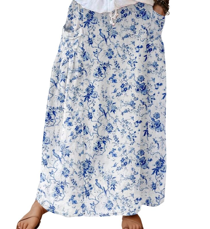 Women's Summer High Waist A-Line Maxi Skirt Casual Boho Swing Floral Stripe Print Long Skirts with Pockets