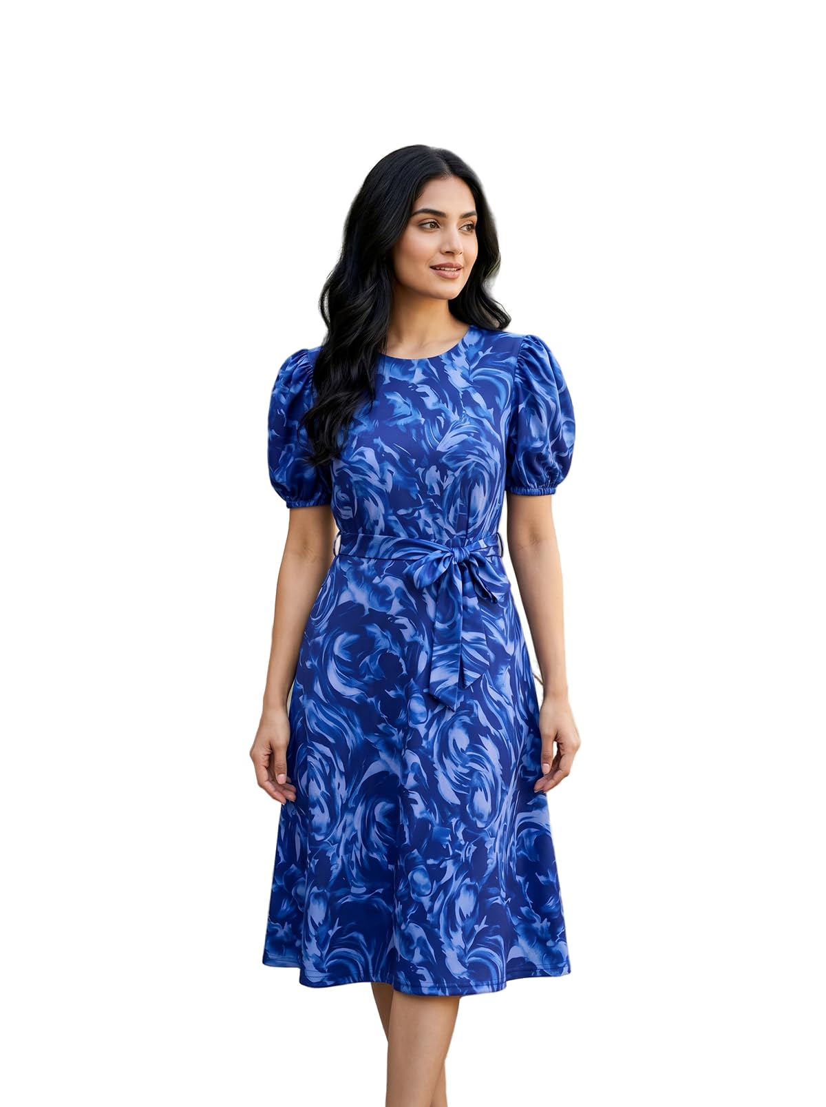 hellcat Women Floral Fit & Flare Midi Dress | Round Neck, Puff Short Sleeve, Waist Tie-Up Belt | Casual Brunch Wear, Western One Piece, A-Line Long Frock, Summer Party Outfit-picture-10
