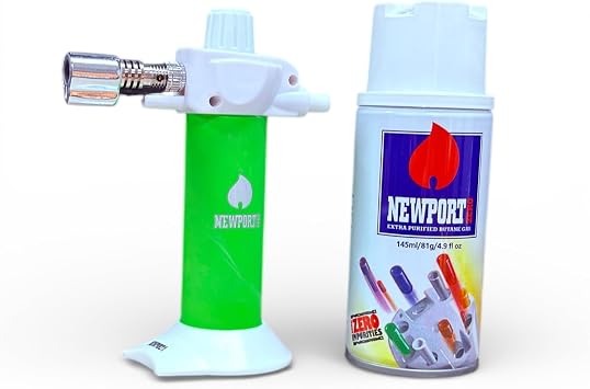 Newport Zero Rogue 4.5" Mini Butane Torch Lighter with Butane Gas Refill Kit 145ml Extra Purified Fuel, Adjustable Flame, Piezo Ignition, Refillable Torch for Kitchen, Candles, Camping Green