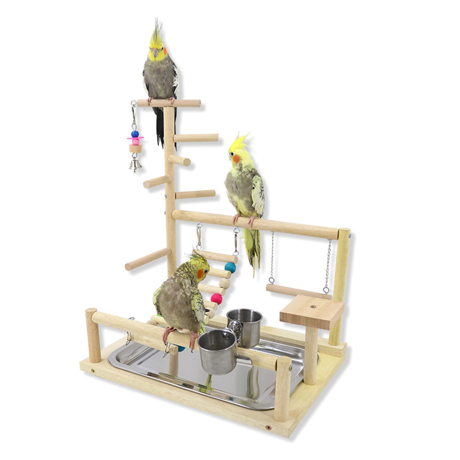 PANGBOER Uccello per gioco stand legno trespolo palestra box scala con mangiatoia tazze giocattolo per calopsita adatto per piccoli e uccelli uccello Playstand per pappagalli legno