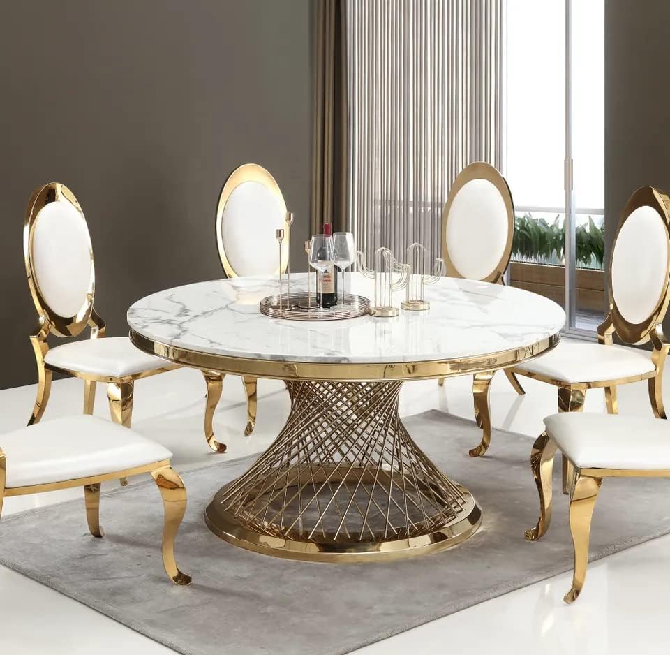 CROSBY Contemporary Luxurious Circular Faux Marble Dining Table | Metal Base in Stainless Steel | Gold Finish