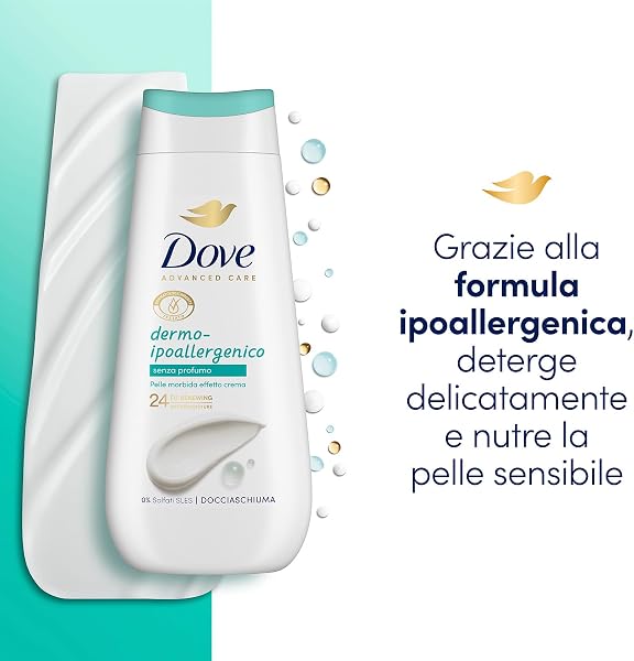 Dove Bagnoschiuma Dermo-Ipoallergenico, Bagnodoccia Idratante, Formula Delicata sul Microbioma della Pelle, Agenti Idratanti Vegetali, Senza Solfati SLES, Bagnodoccia Uomo e Donna, 6 Pezzi da 225ml - 2