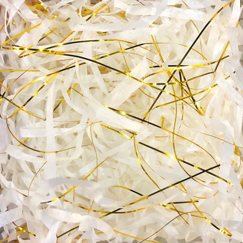Papier déchiqueté pour boîtes-cadeaux, Papier de soie froissé métallisé à paillettes multicolores 50 g-100 g, paquet 2 4(Milky White Golden,100g*4Pack)