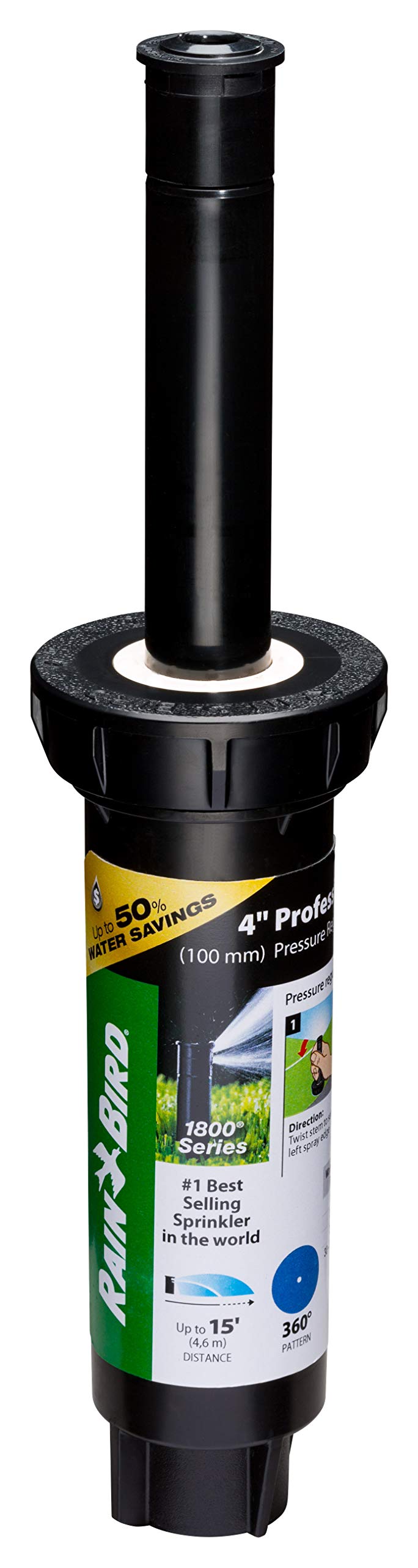 Rain Bird 1804FDSP25 Profesjonalny zraszacz wyskakujący z podwójną regulacją ciśnienia (PRS), wzór pełnego okręgu 360°, odległość natrysku 8' - 15', wysokość wyskakującego 10 cm