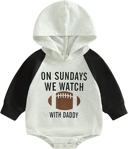 Honganda Sudadera con capucha de retazos para bebé niño y niña los domingos con texto en inglés We Watch Football with Daddy