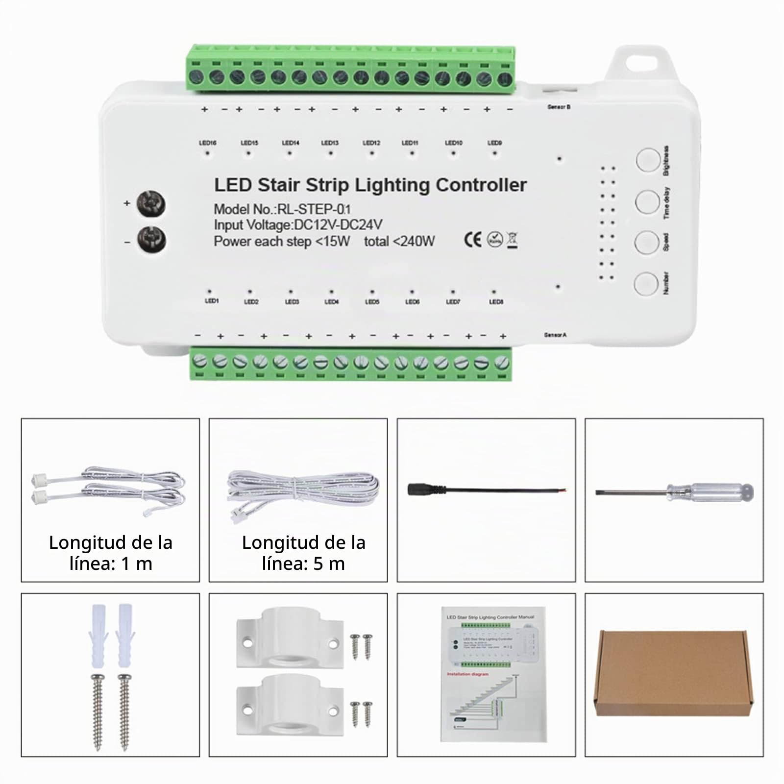 Controlador de iluminación LED para escalones con detector de movimiento, 16 escalones controlador de luz LED para escaleras