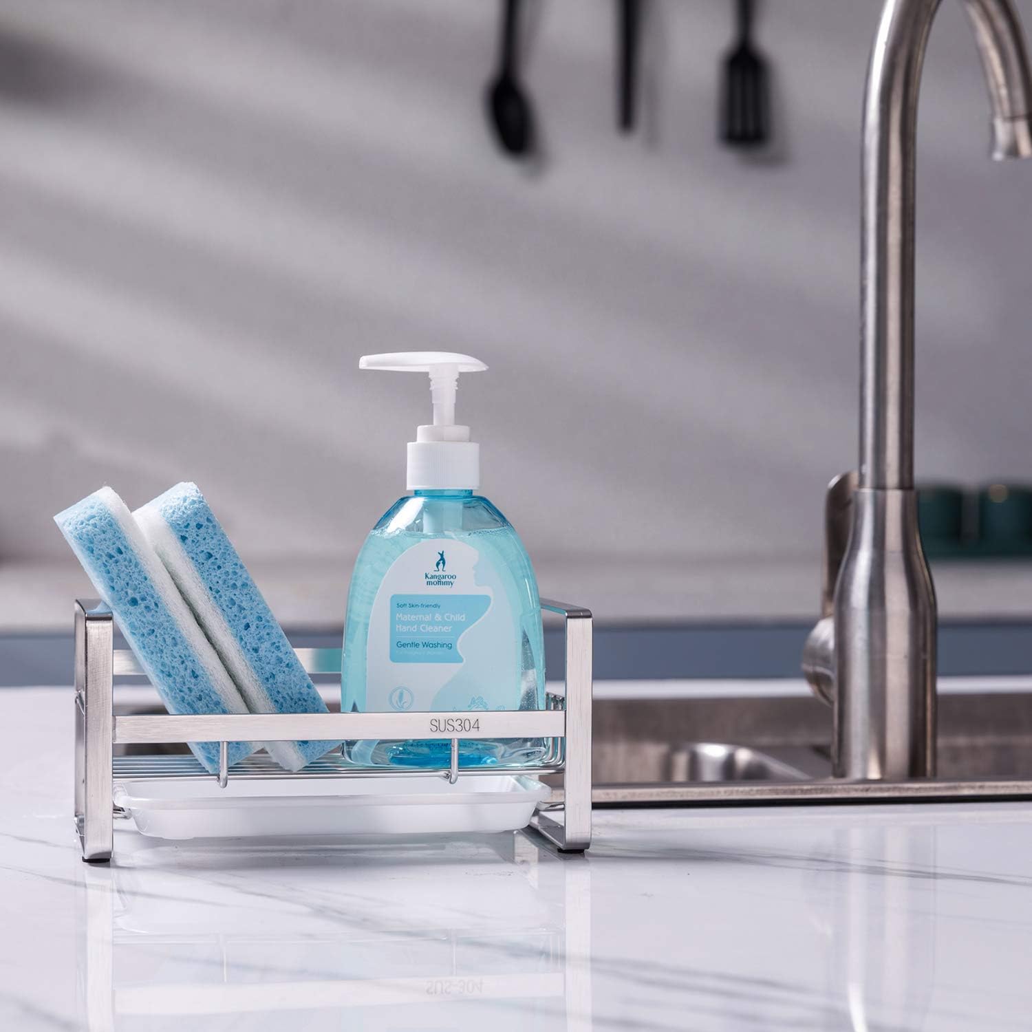 Kitchen Sponge Holder, Q-Life 304 Stainless Steel Sponge Caddy for Sink, Dish Soap Dispenser Organizer with Removable Tray, Including 1 Sponge &1 Holder
