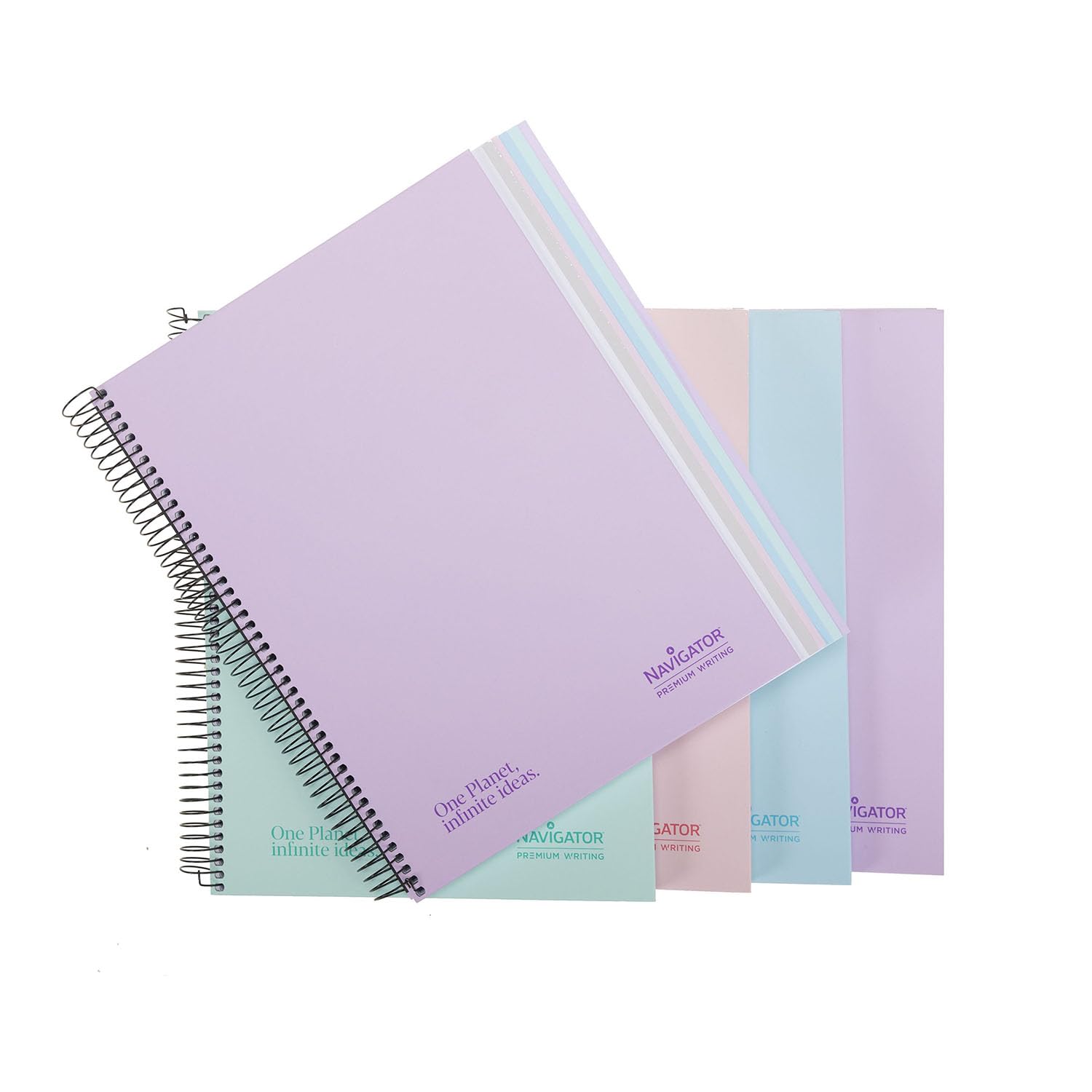 Navigator | Pack 5 Cuadernos Escolares a4+ | Cuadrícula 5x5 | Tapa Dura | Colores Pastel | 120 Hojas 80g Microperforadas 4 Taladros | Espiral Coil-Lock | Papel Premium Writing