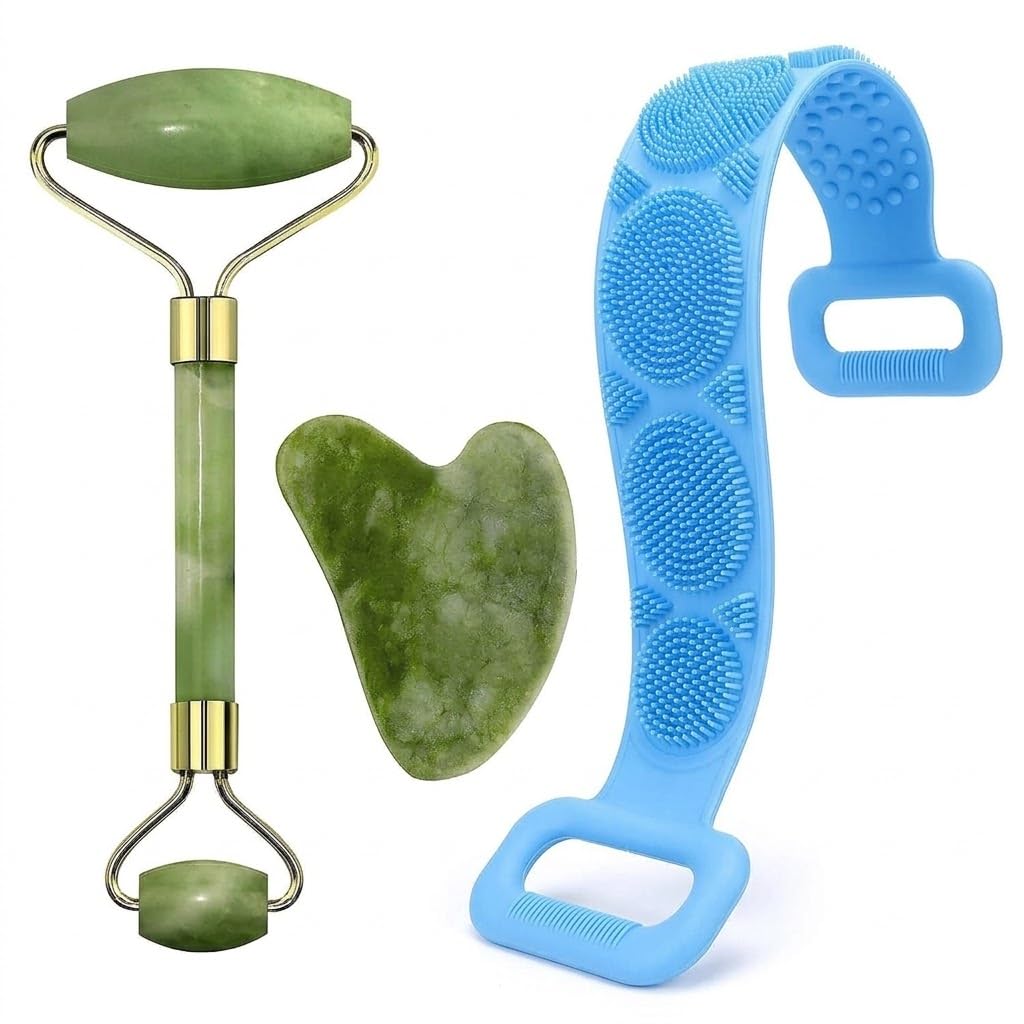 TYROCX Ultimate Head-to-Toe Spa Self-Care Kit | 100% Original Green Jade Roller & Gua Sha Face Massager Set + Dual-Sided Silicone Back Scrubber Bath Brush | Anti-Aging Skincare & Body Exfoliator Combo for Women & Men-image-25