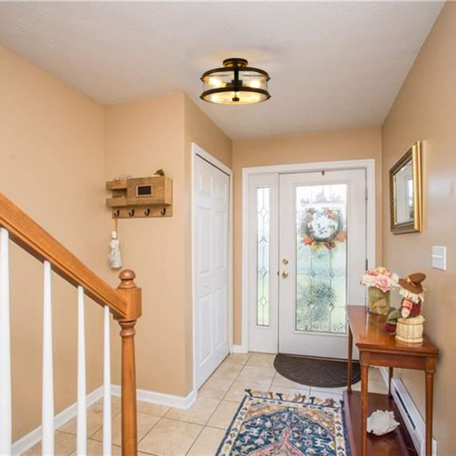 Prоduсt Dеаl hykolity 3 Light Close to Ceiling Light, Industrial Semi Flush Mount Light Fixture W/ Bubble Glass Lampshade, Black & Faux Wood Metal, for Entry,hallway, Bedroom (Bulb Not Included)