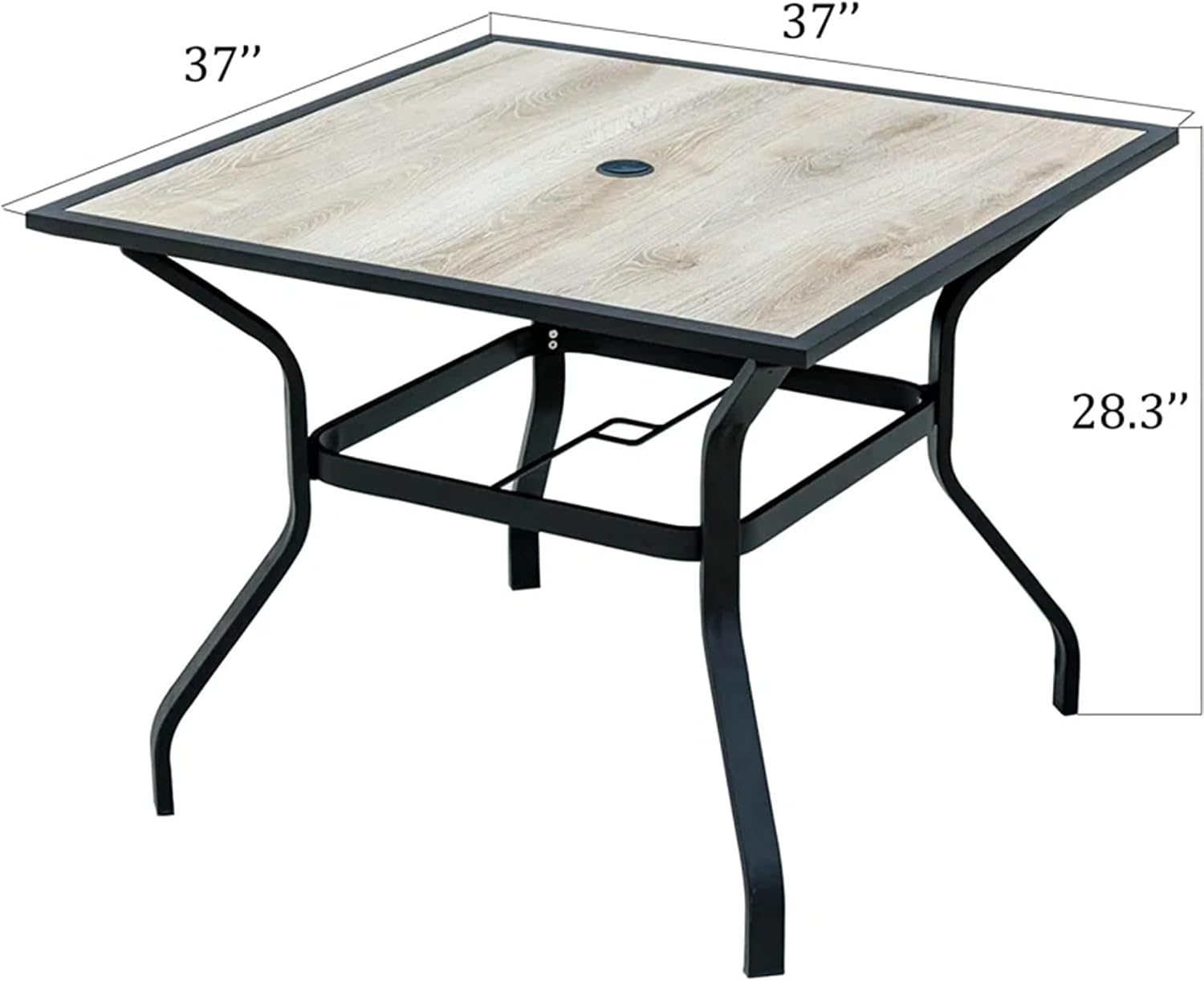 Diagram showing the dimensions of the assembled patio dining table