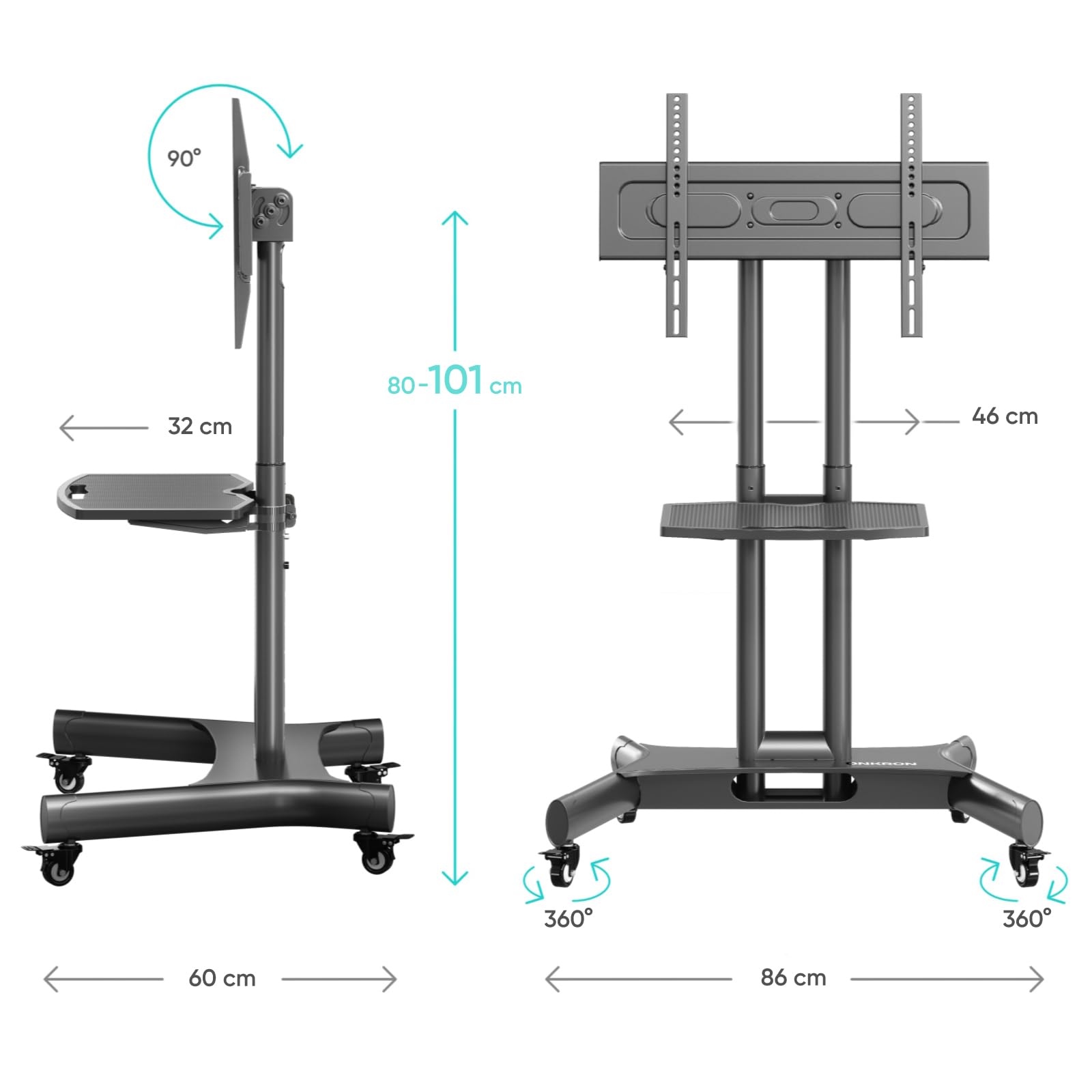ONKRON Carrello TV con Ruote 32" - 70", Porta TV da Terra Mobile Carico Totale 45 kg, Supporto Televisore da Terra VESA 100x100-600x400 mm, Porta Televisore Pavimento, Inclinabile, Nero TS1350-B