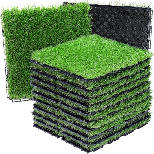 Artificial Grass Tiles Interlocking Turf Squares Deck 9 Pack -12'x12' Indoor Outdoor Faux Grass...