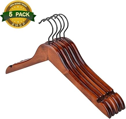 Coogel Wooden Suit Hangers Walnut Finish Polished Chrome Hooks,5 Pack