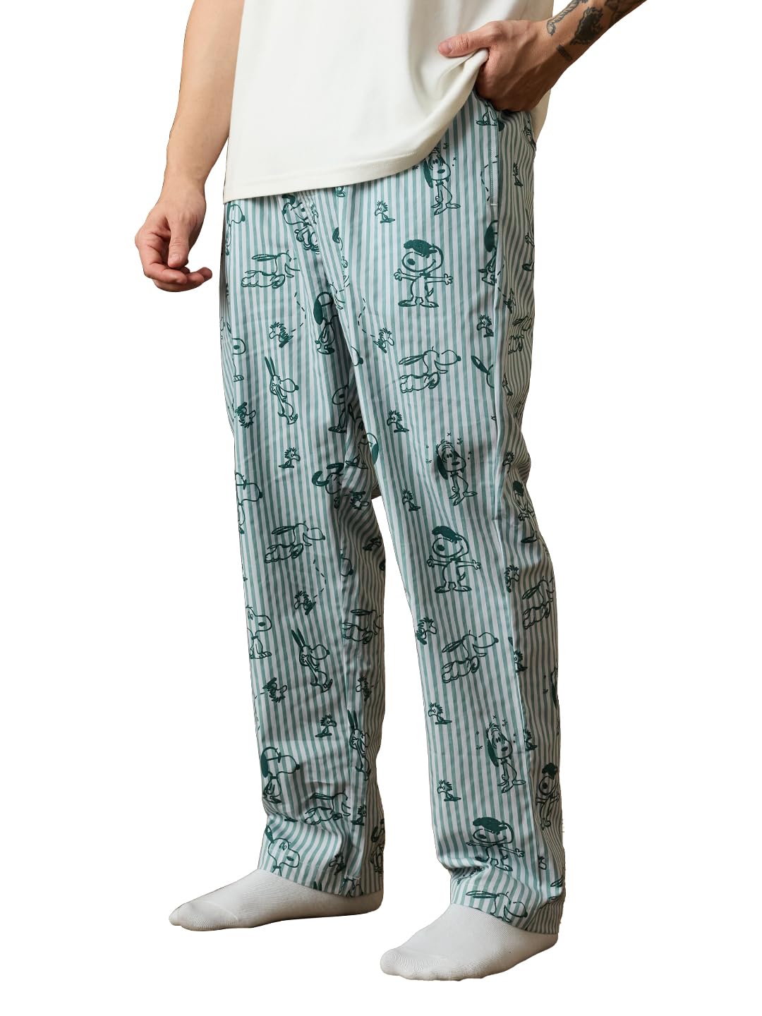 the souled store Peanuts: Snoopster Men and Boys Elastic Waistband Light Blue and White Striped Graphic Printed 100% Cotton Regular Fit Breathable Lightweight Lounge Pyjamas-picture-53