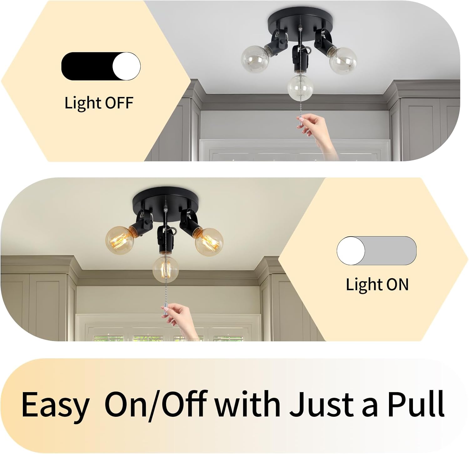 SEEBLEN 3 Light Flush Mount Ceiling Light with Pull Chain, Industrial Kitchen Ceiling with Rotatable Light Head,Black Pull Chain Spotlight for Bedroom Hallway Kitchen Laundry