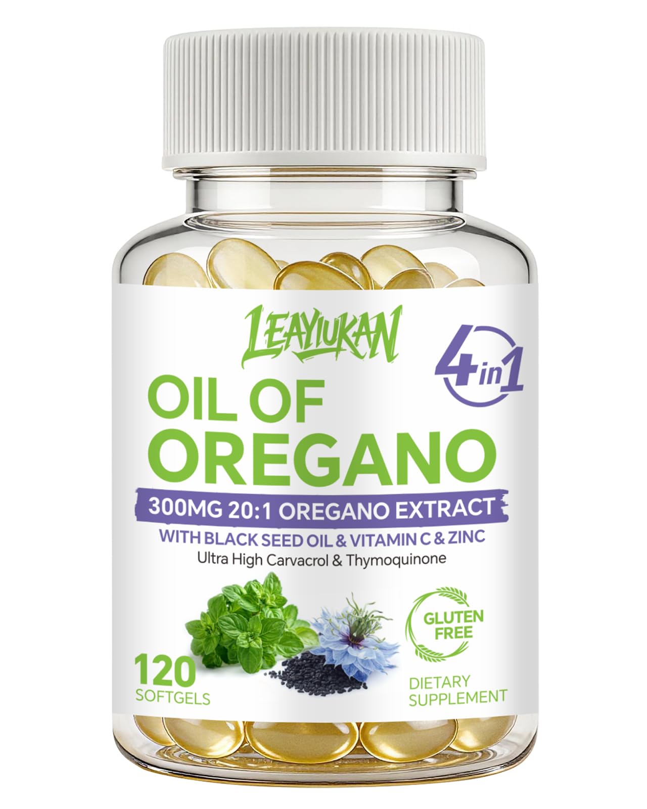 Oregano Oil 300mg with Black Seed Oil & Zinc – Immune Support, 120 Softgels 120 Count (Pack of 1)