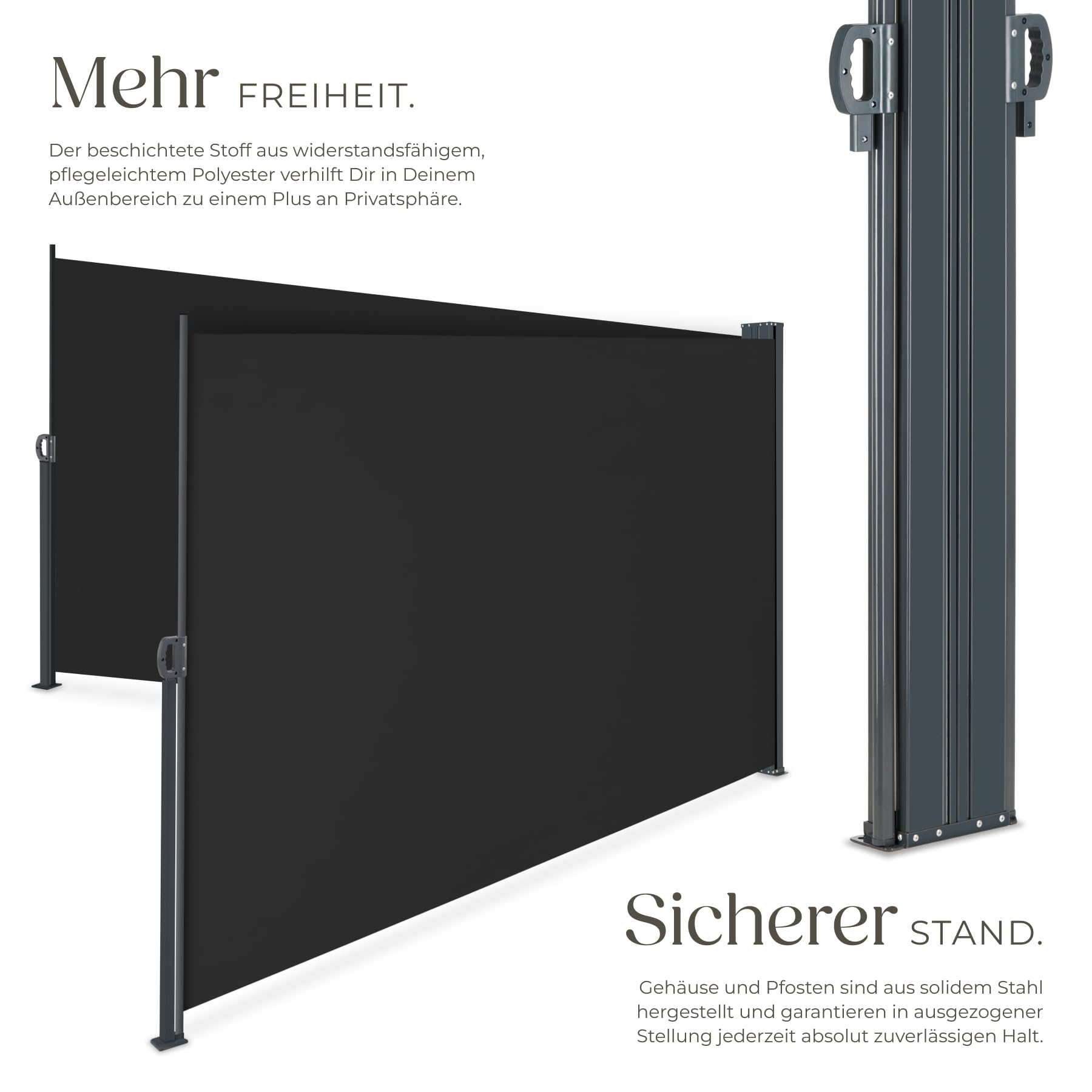 tectake® Doppel-Seitenmarkise, 200 x 600 cm, wetterfest, ausziehbar, Blickdicht, Schutz vor Sonne und Wind, Seitenrollo, Außenbeschattung, Windschutzrollo, Sichtschutz Seitenmarkise - schwarz