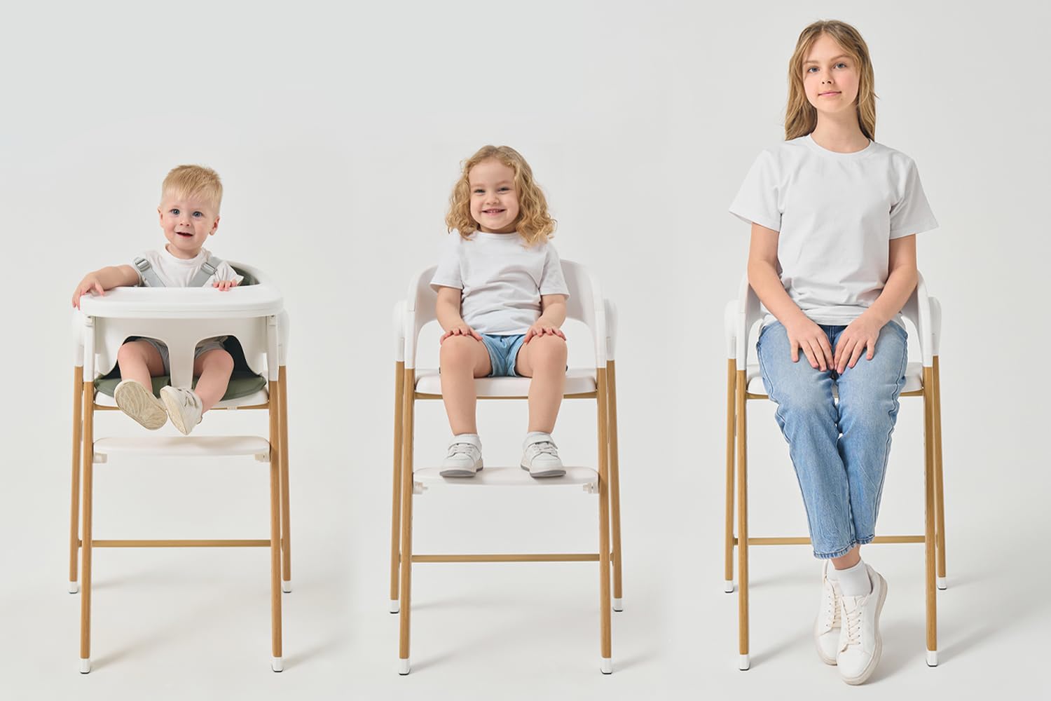 Babylo Sit & Grow - Trona y asiento infantil con arnés seguro y reposapiés, forro acolchado extraíble y bandeja para una fácil limpieza, color blanco y verde