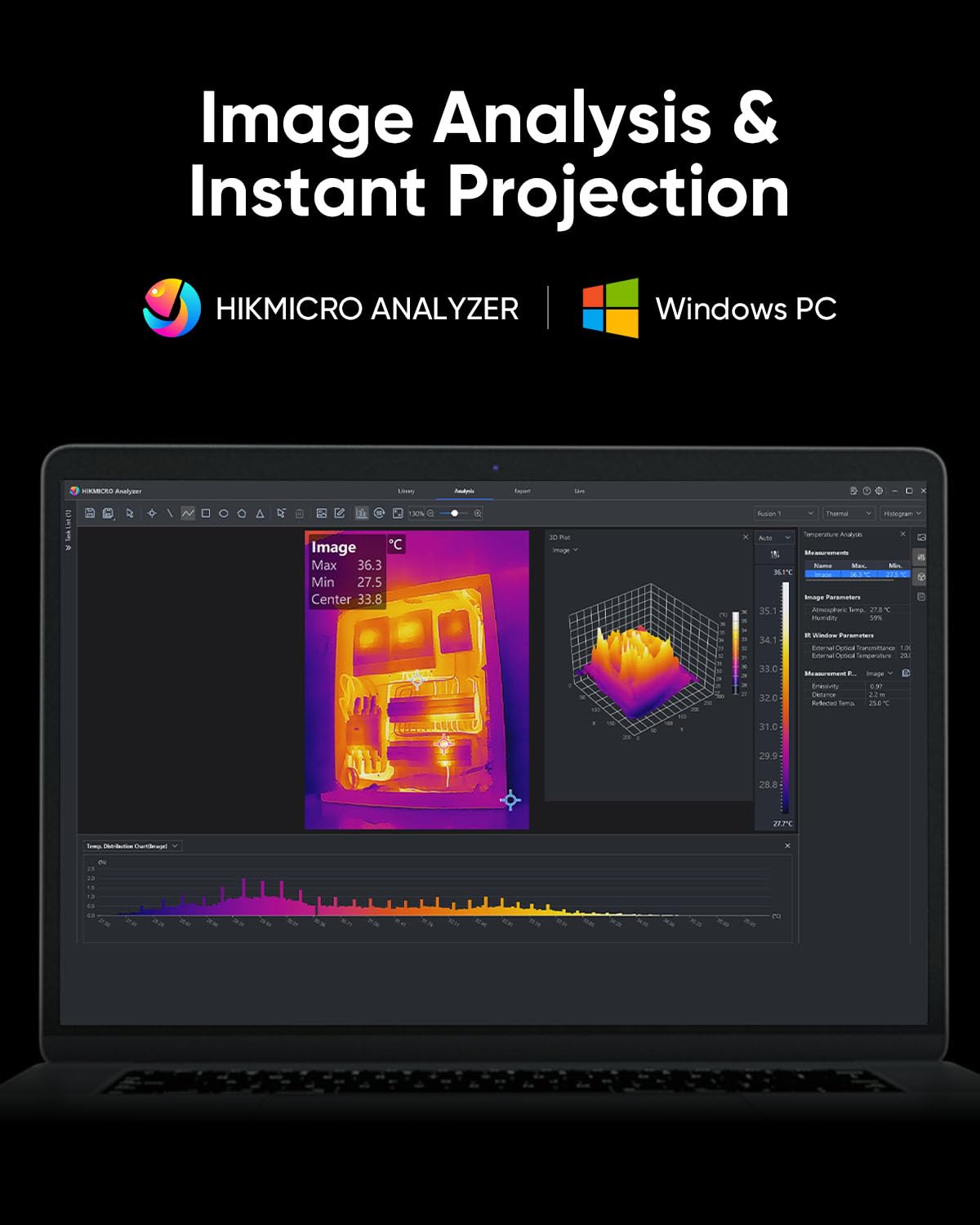 HIKMICRO Analyzer software interface on a laptop for thermal image analysis
