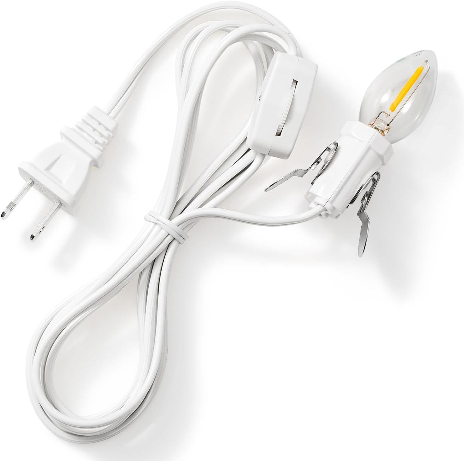 UL Listed 6 FT C7 Accessory Cord with C7 Led Light Bulb, Candelabra-Base E12 Lamp Socket with Clips, White Cord with On/Off Switch Plug for Christmas Village Houses, Snow Village, Nativity Lights