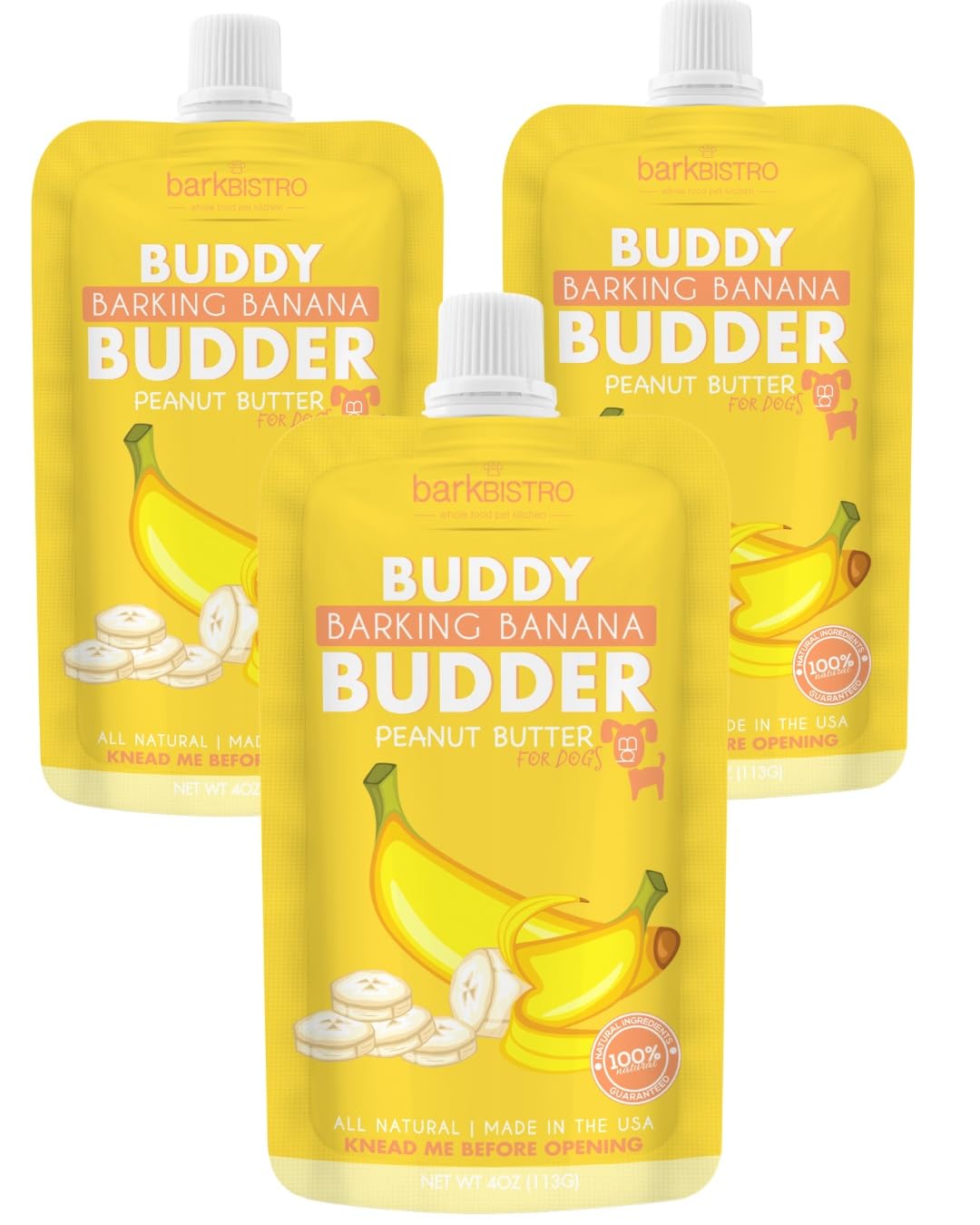 Barkin Banana Buddy Budder Peanut Butter for Canines, 3 Pack, 4 oz Squeeze Packs