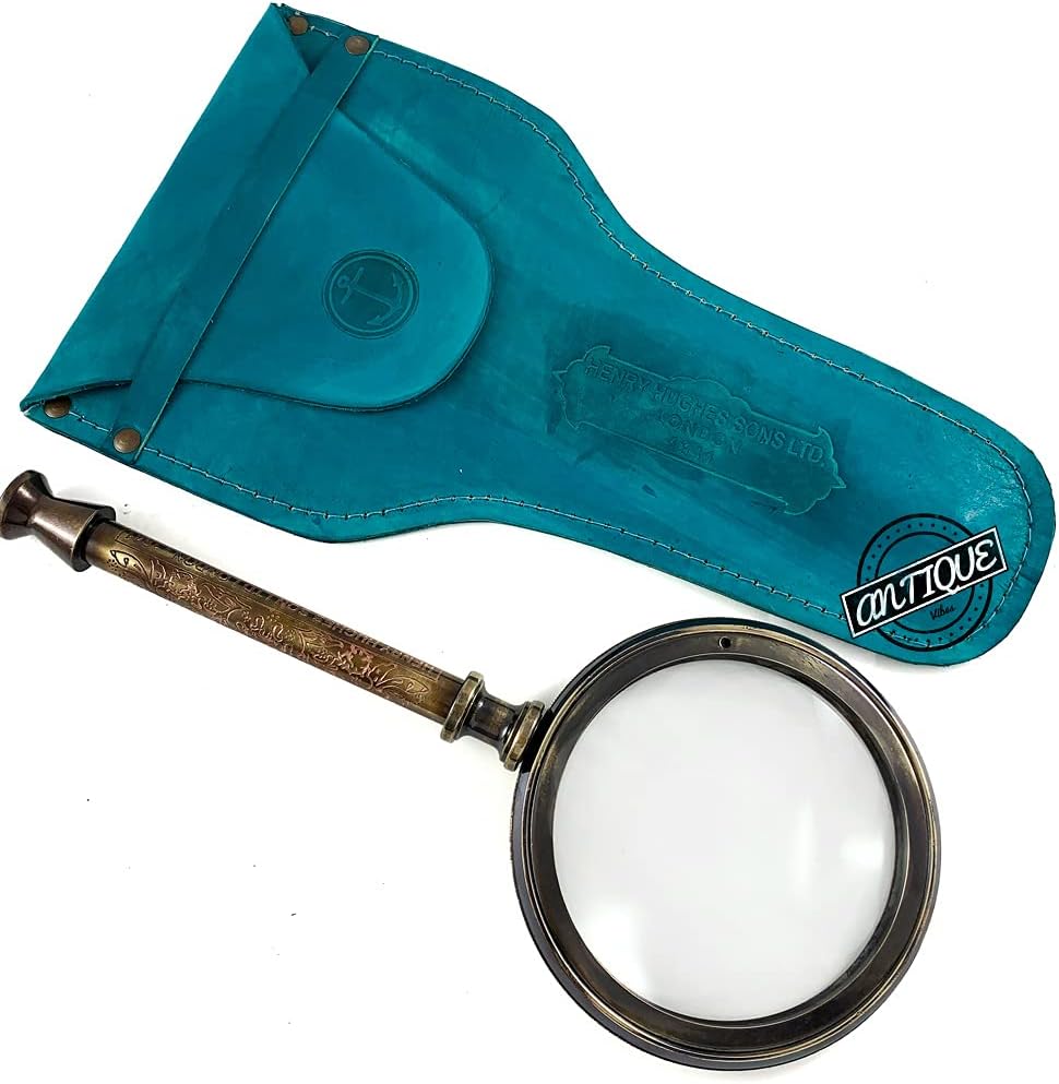 Antique Brass Magnifying Glass in Leather Case & Antique Brass Clock Desktop Decor Vintage Gift Ideas