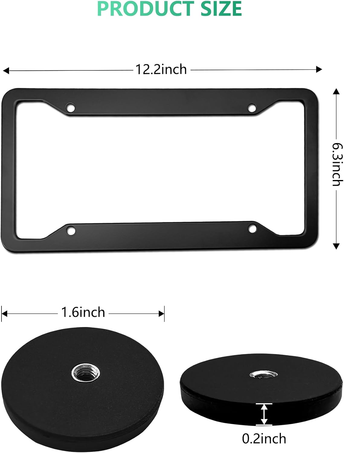 Magnetic License Plate Frame with 4 Rubber-Coated Neodymium Magnets - Black Aluminum Holder for No-Drill Temporary Tags on Metal Car Bumpers