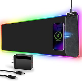 Wireless Charging RGB Gaming Mouse Pad 10W, 31.5"x11.8"x0.12" Extended Large Desk Mat Protector, [9 Light Modes] [Light Switch] [Non-Slip Rubber Base] [Waterproof] Keyboard Mat, Adapter Included