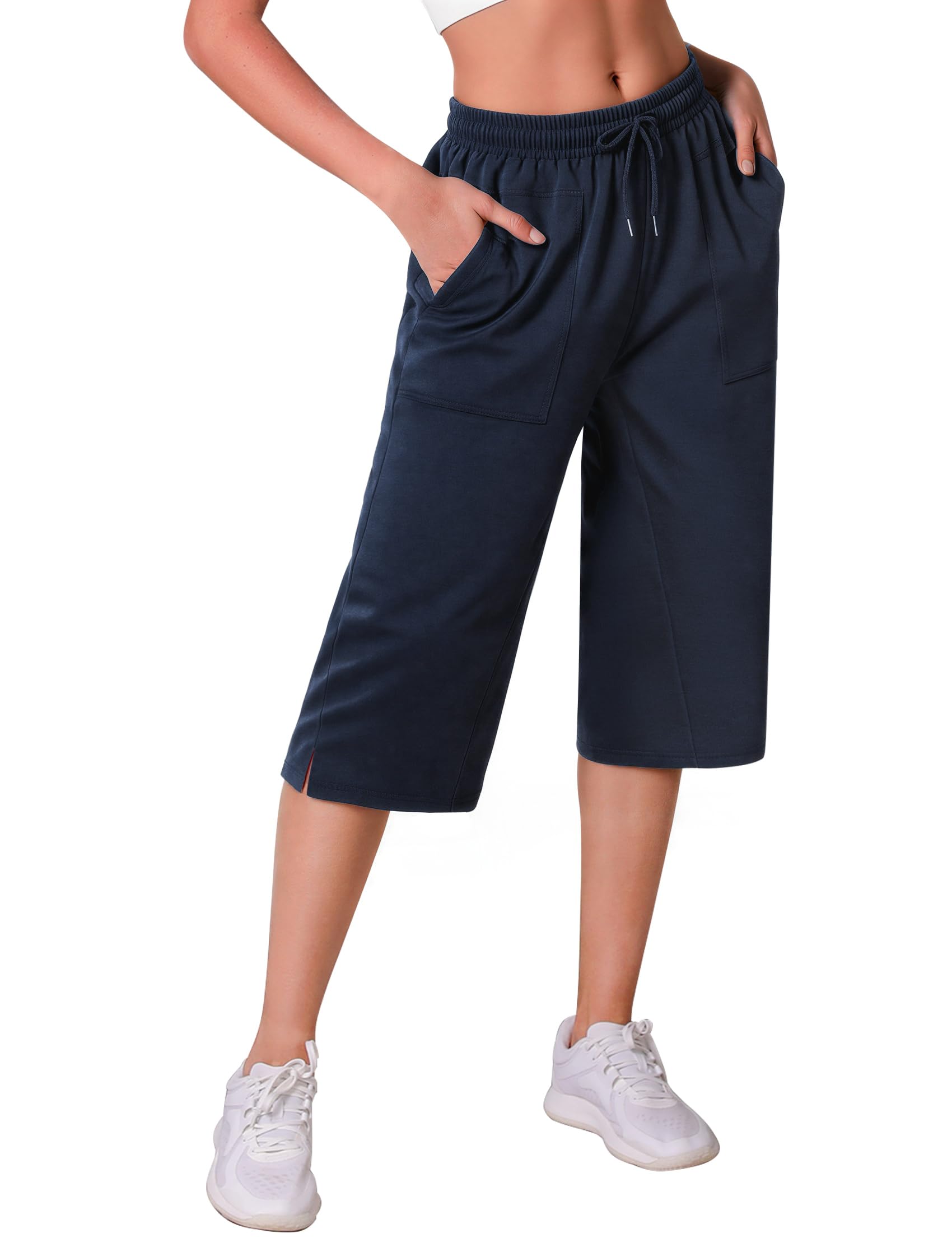Pantalón Chándal Mujer 3/4 Capri Deportivo con Bolsillos Cintura Elástica Yoga Fitness Correr