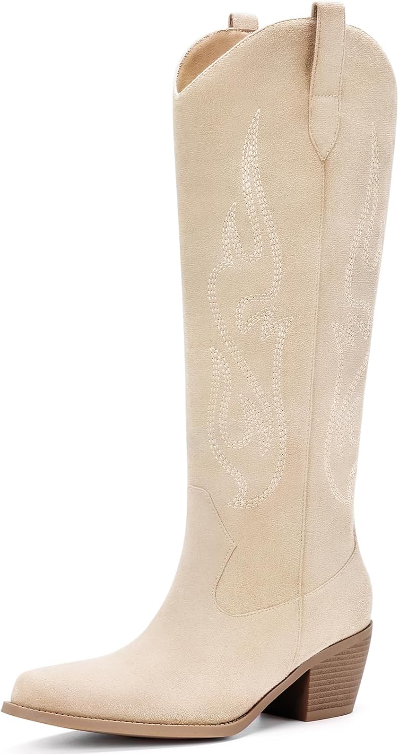 Pasuot Western Cowboy Boots for Women - Knee High Wide Calf Cowgirl Boots with Classic Embroidered