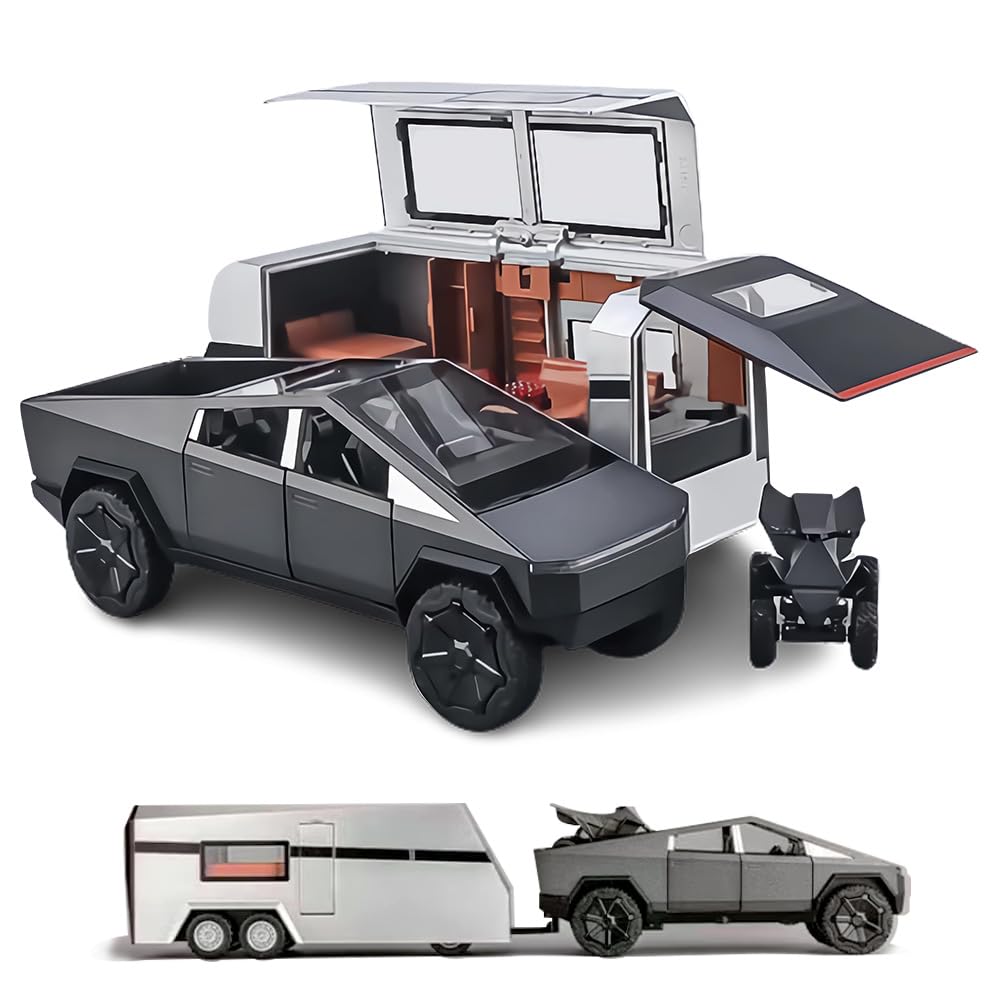 1/24 Diecast Pickup Trailer Toy Truck, Off-Road Vehicle Alloy, Metal Car Model With Sound and Light, Gifts for Boys and Girls (1:24 With RV Black)