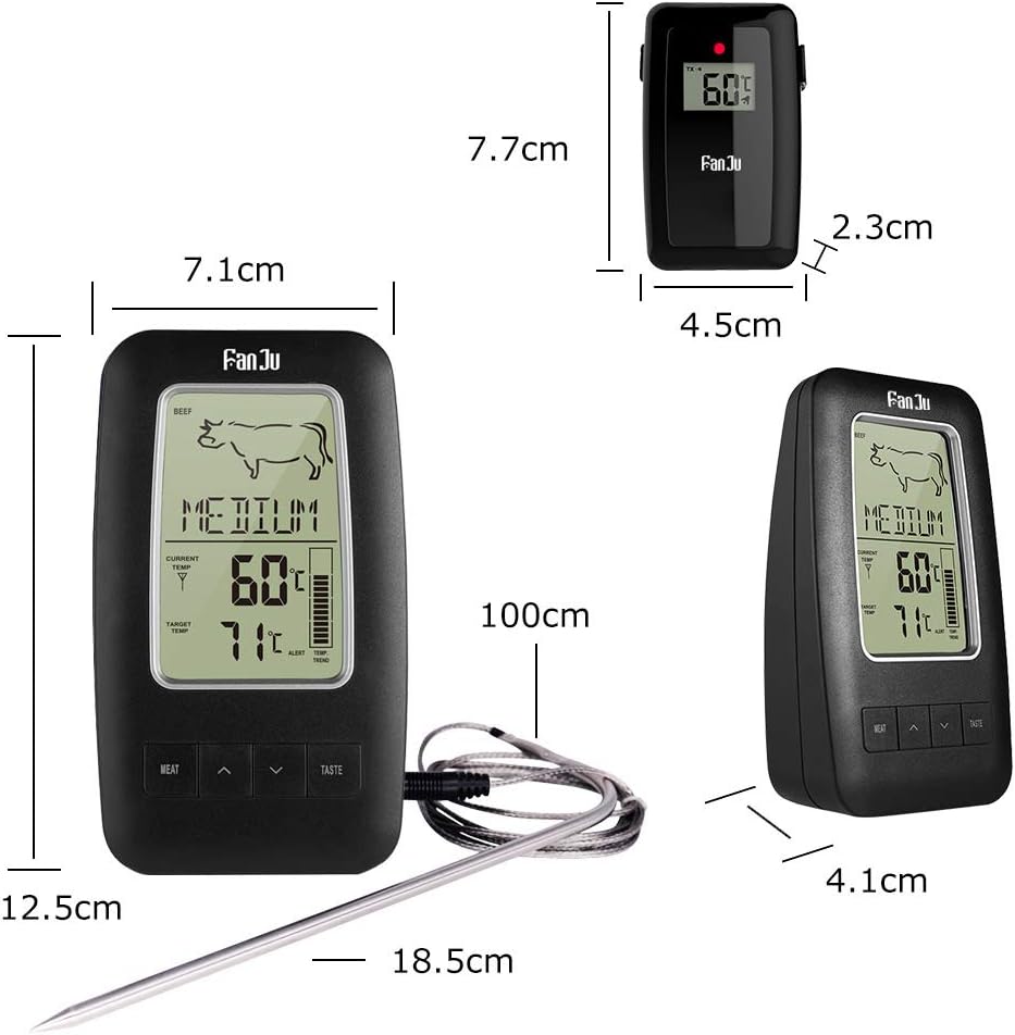Diagram showing the dimensions of the FanJu FJ2245 main unit and wireless receiver, including probe length and cable length.